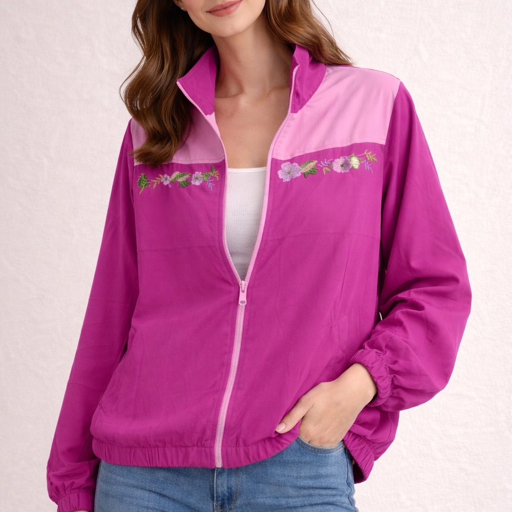 Blair Two-Tone Pink Floral-Trim Bomber/Windbreaker Jacket